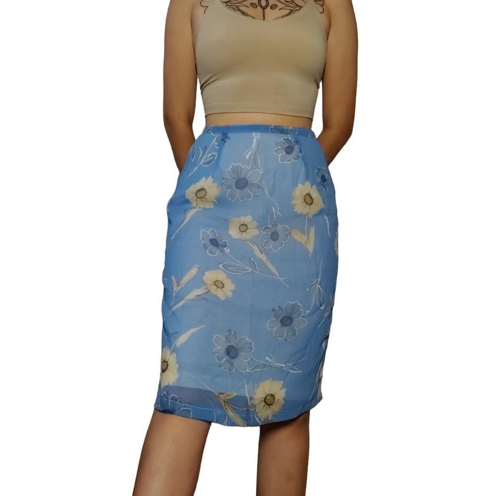 Vintage Blue + Cream Floral A Line Skirt !